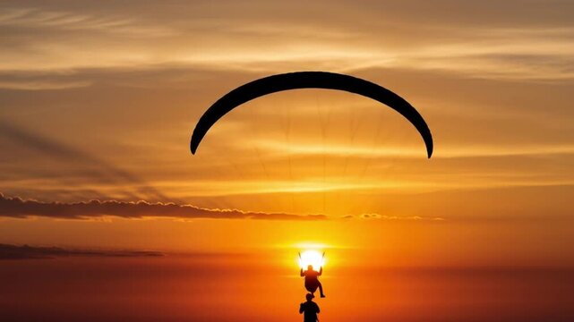 Paraglider flying towards sunset over golden landscape