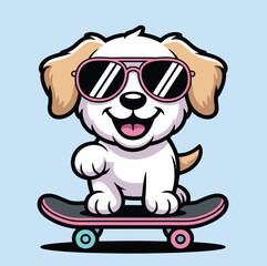 Cartoon dog with sunglasses riding a skateboard on a light blue colored background image