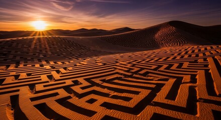 Intricate Desert Maze at Sunset with Golden Light and Winding Paths.