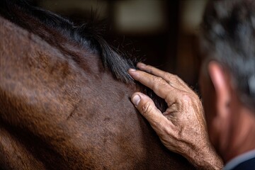 A close-up of a horse's neck and a person's hand