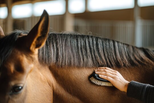 Close-up of a person grooming a brown horse