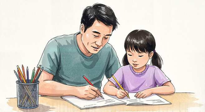 Watercolor illustration of asian dad helping child with homework, white background