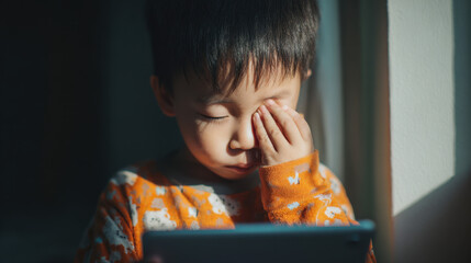 Young child wearing colorful sweater using tablet, sitting by window with soft light, expressing tiredness or sleepiness during screen time in cozy indoor setting.