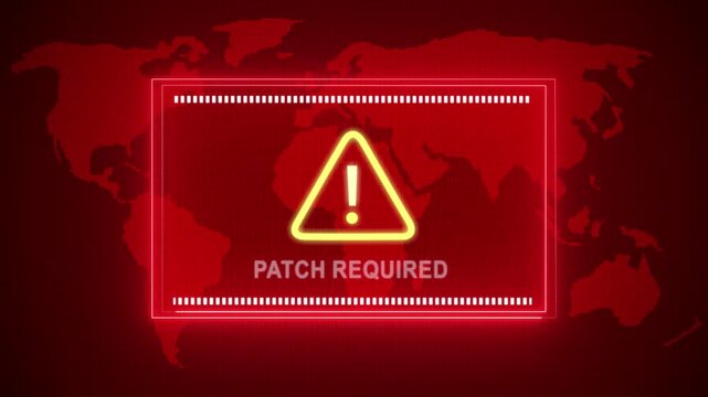Patch required warning. Cybersecurity defense and system protection from hackers, secure digital systems, cyberattack prevention. Digital security and risk control.