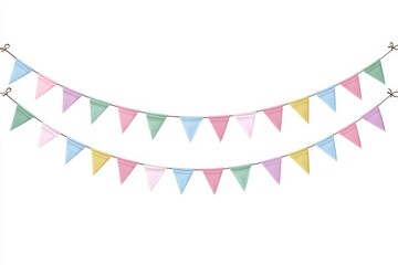 Fototapeta premium Bunting banner with colorful flags isolated on a white background, flat design, pastel colors, minimalist, cute, vector clipart, PNG format, high resolution