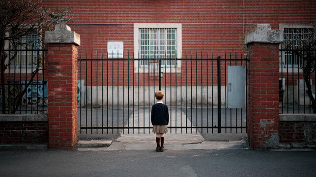 Boy standing in front of a locked gate with brick walls and a school building visible in the background under natural light during the day surrounded by urban environment.