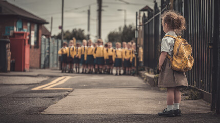 A young child with a golden backpack standing in front of a group of students wearing yellow sweaters waiting in an outdoor school setting during the day.