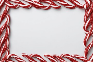 Fototapeta premium Red and white candy cane-shaped rectangular frame isolated on transparent background, top view. Realistic twisted rope Christmas border with copy space, detailed photo, isolated on white.