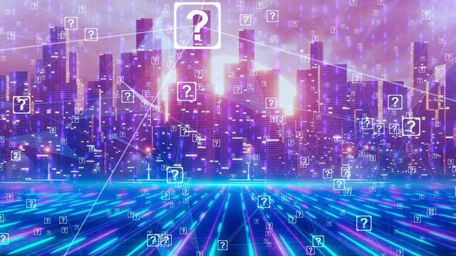 Seamless 4K animation of a high-tech city skyline overlaid with glowing data streams and code, perfect for tech, AI, or cyber themes.