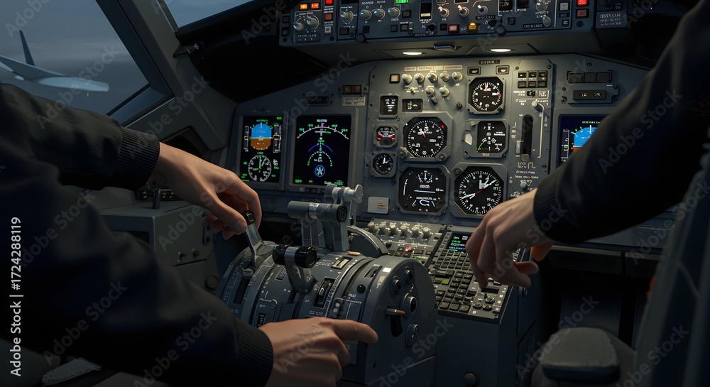 Wall mural cockpit view showing pilot hands controlling throttle with plane visible outside the window on the l