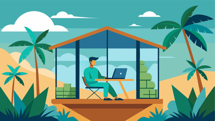 Obraz premium A palmfringed deck serves as the perfect workspace for a remote worker in a luxurious glasswalled bungalow.. Vector illustration