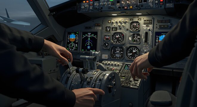 Cockpit view showing pilot hands controlling throttle with plane visible outside the window on the left