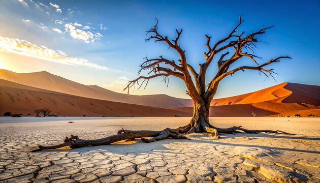 Sunrise desert landscape with lone dead tree. Dried cracked earth, red dunes, and a stark sky. Golden sunlight highlights the scene - Powered by Adobe