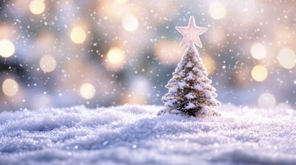 Festive Christmas Scene with Mini Snow-Covered Tree Topped with Star, Snowy Ground and Bokeh Lights Background, Ideal for Holiday, New Year, and Winter Design Concepts.