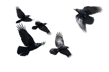 Obraz premium Five black ravens fly against a white background wings spread in different positions