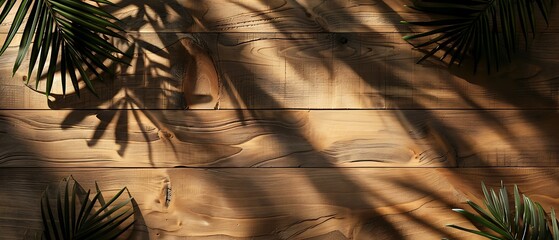 Wooden Plank Background with Tropical Leaf Shadows