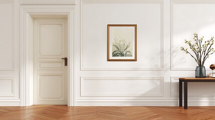 Elegant Classic Interior with Framed Artwork and Floral Decor