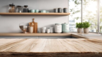 Wooden Tabletop in Modern Kitchen Interior