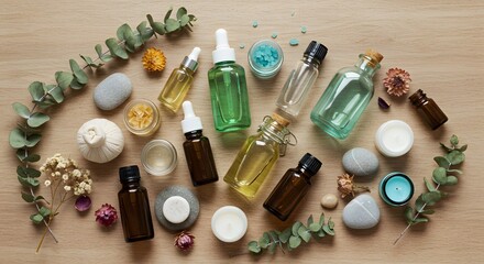 Spa Day essentials, oils, rocks, eucalyptus