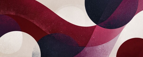 Abstract design with overlapping circles and flowing curves in shades of red, burgundy, and cream