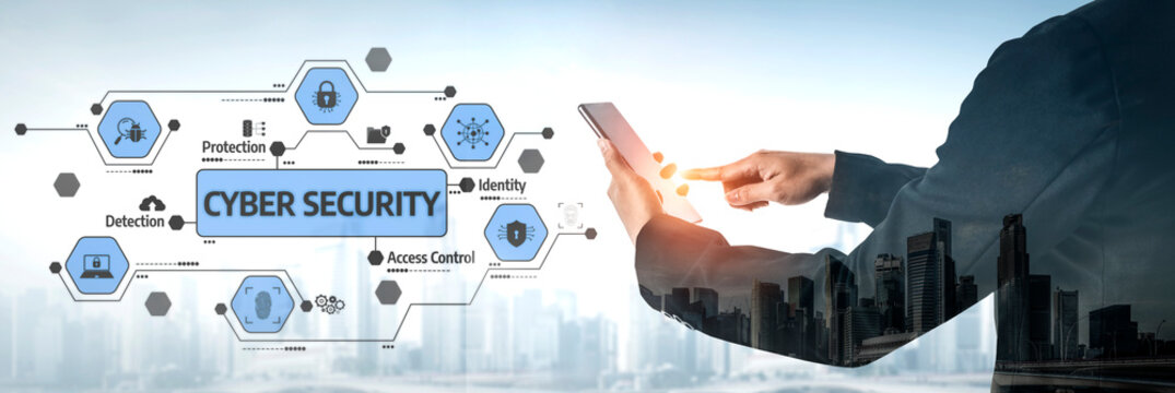 A professional interacts with a digital tablet showcasing cybersecurity features, highlighting aspects like protection and access control, set against an urban skyline. Tessel - Powered by Adobe