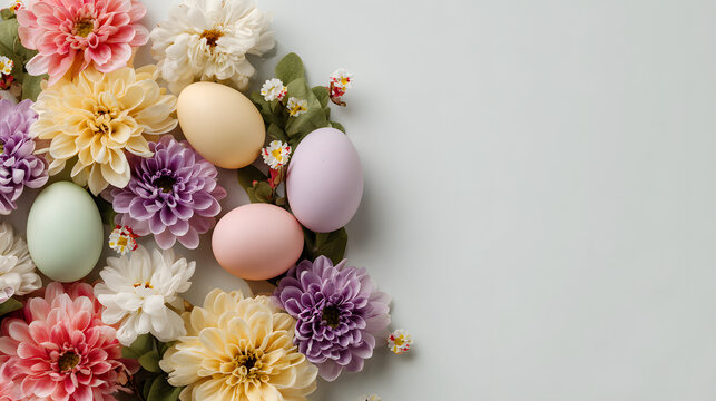 Easter still life with colorful eggs and spring flowers like daisy and chrysanthemum is a beautiful floral decoration