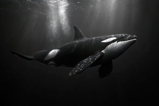 Haunting Black-and-White Portrait of Orca Underwater Darkness - Powered by Adobe