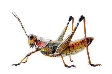 Vibrant orange and blue grasshopper, detailed macro photography on a transparent background. background removed