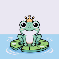 A cartoon frog wearing a crown sitting on a lily pad in water with a light blue background scene