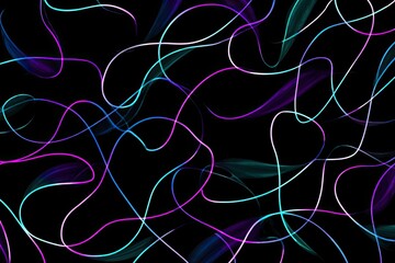 Abstract design of swirling neon lines on a black background