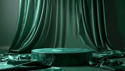 Emerald green draped velvet backdrop with circular marble podium