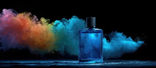 Blue perfume bottle surrounded by colorful smoke