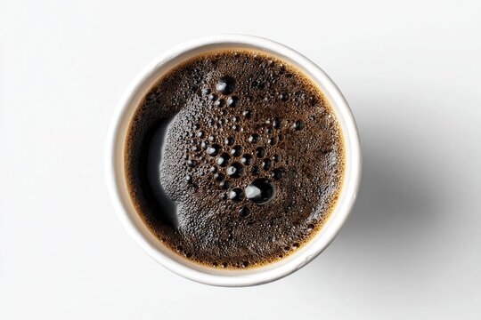 Top-down view of a disposable coffee cup filled with dark coffee