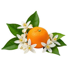 Orange fruit with blossoms and leaves isolated on transparent background