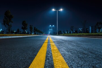 Empty asphalt road at night