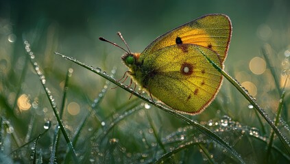 Vibrant yellow butterfly perched on dewy grass in morning sunlight