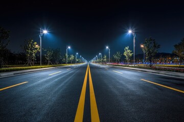 Empty asphalt road at night.  City street