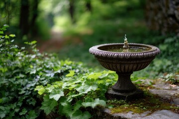 Garden fountain with water jet in lush green setting stone base path blurred background