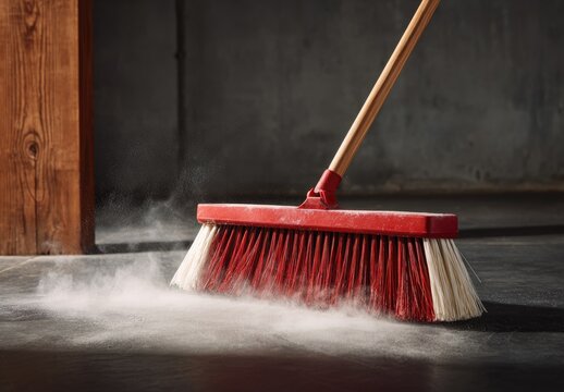 Red broom sweeping dust