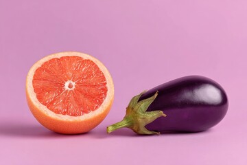 A grapefruit and eggplant on a vibrant backdrop