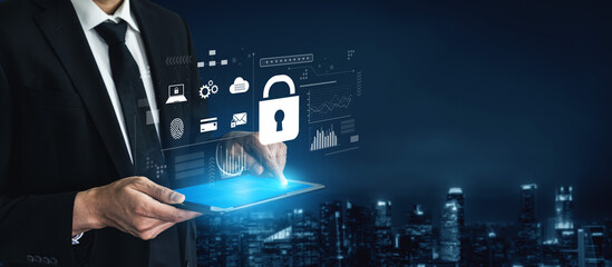 Digital cyber security lock system highlighting data security encryption, cyber password...