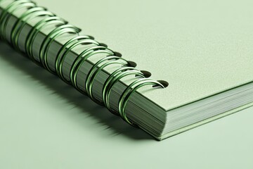 Close-up of a light sage green spiral-bound notebook