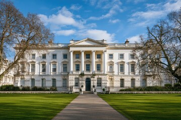 Grand white mansion, stately facade, with manicured lawn