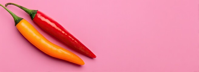 Two vibrant chili peppers on a pink background