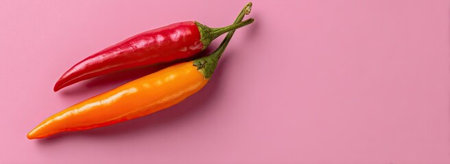 Two colorful chili peppers against a pink background