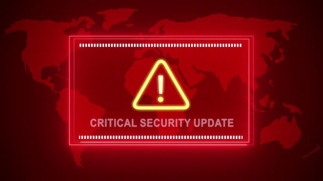 Critical security update warning. Cybersecurity defense and system protection from hackers, secure digital systems, cyberattack prevention. Digital security and risk control.