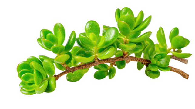 A vibrant branch of jade plant, showcasing glossy, succulent leaves against a muted green backdrop. background removed