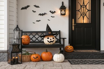Obraz premium Halloween Porch Decor poster – Pumpkins, Witch Hat, Lanterns, Bats, and Festive Front Door Setup