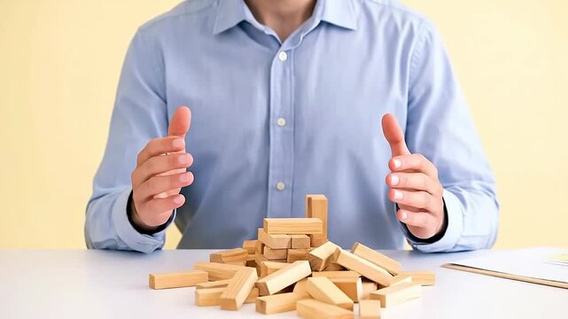 Business strategy and risk management concept with hands hovering over scattered wooden blocks, symbolizing project challenges and instability.