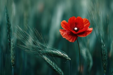 A vibrant red poppy stands in a field of green wheat